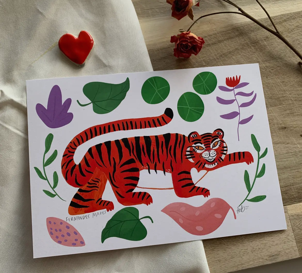 Happy Sneaking Tiger Leafy Hand Painted Art Print