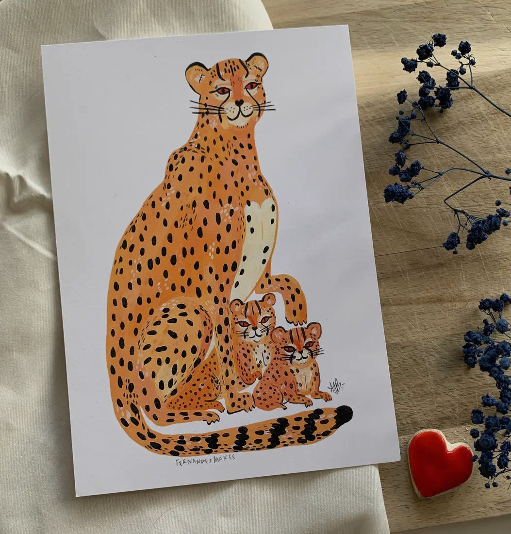 Cheetah Family Hand Painted A5 Art Print