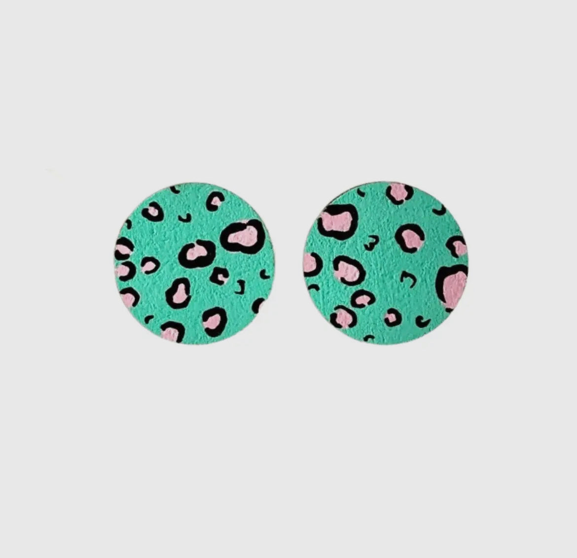 Large Green and Pink Leopard Circle Stud Earrings