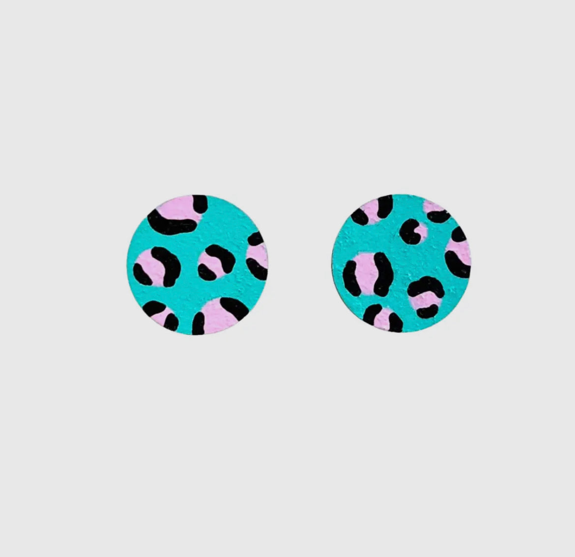 Midi Green and Pink Leopard Circle Stud Earrings