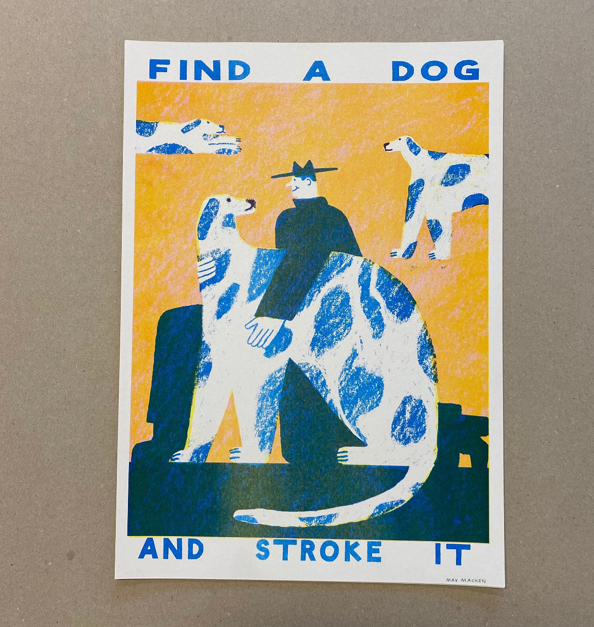 Find a dog and Stroke it A3 Riso Print