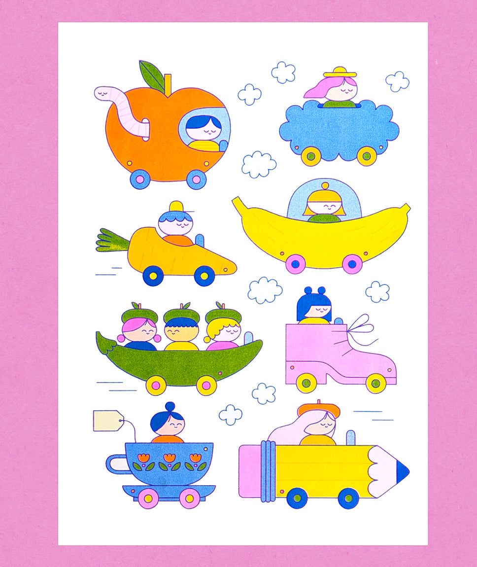 Fun Riso Print with Little Cars A3