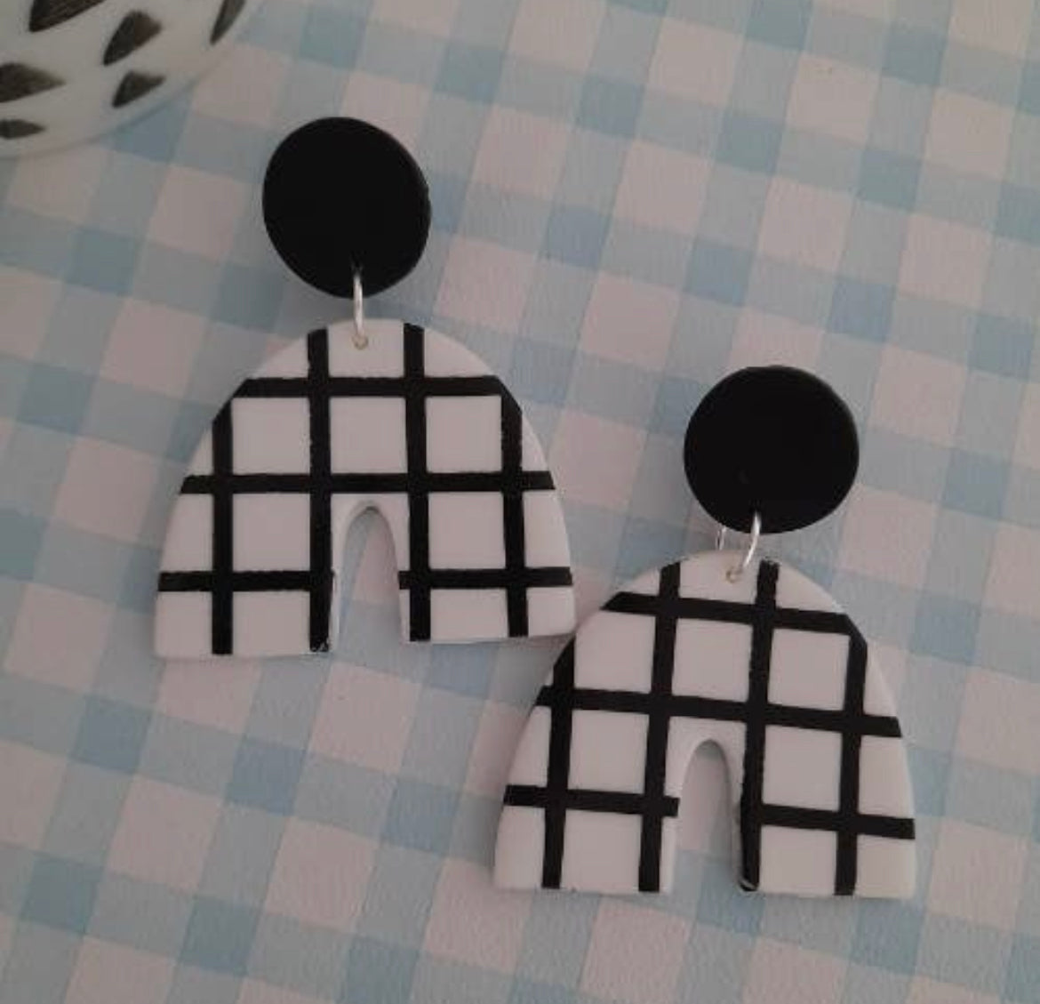 Grid Pattern Monochrome Polymer Clay Earrings