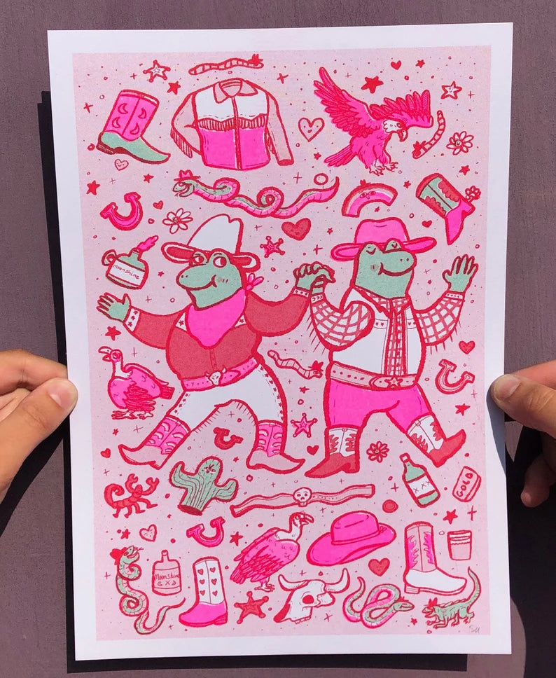 Cowboy Frogs in Love Riso Print